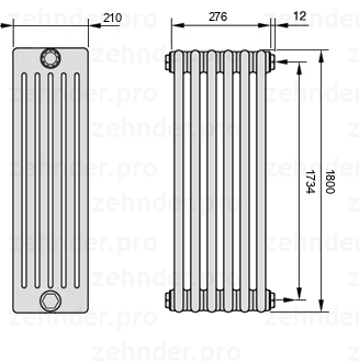 Схема (чертеж) Радиатор Zehnder Charleston 6180/6 №7610 Белый глянцевый RAL 9016